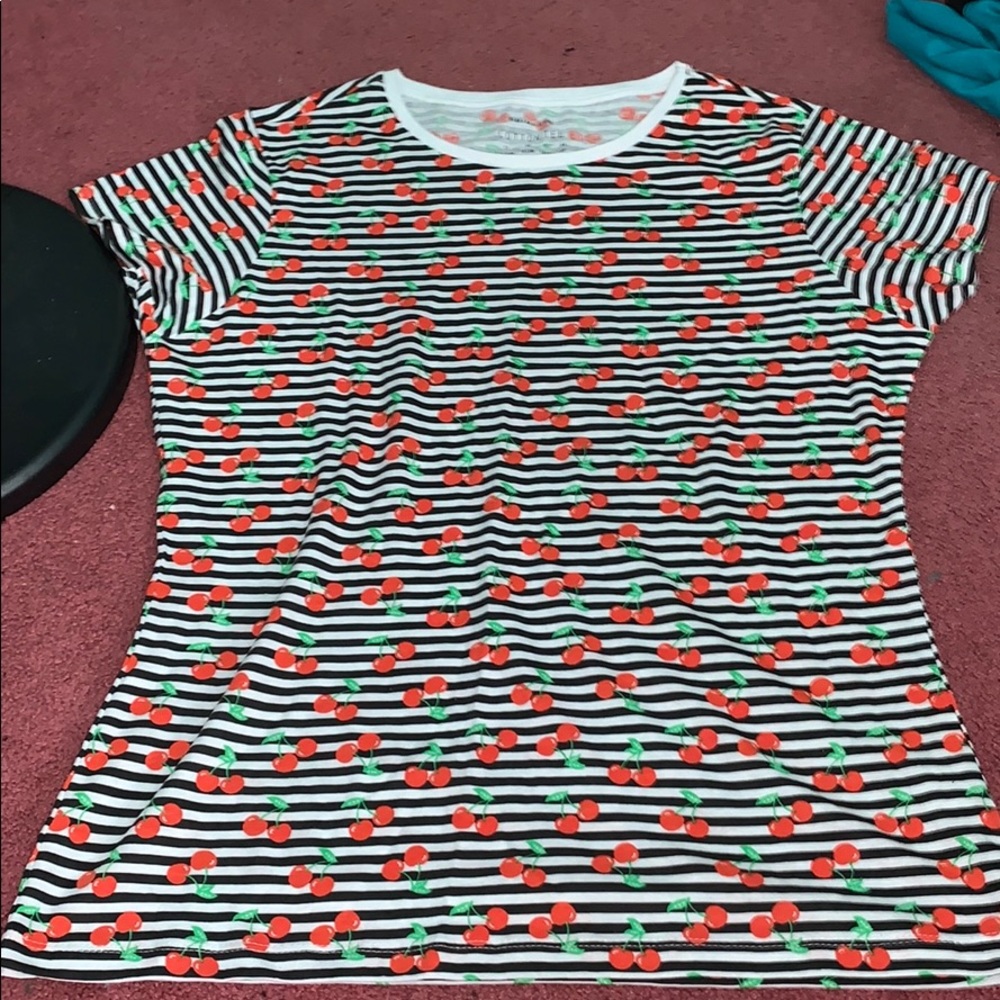 Black and White Striped Cherry Cotton Tee Shirt